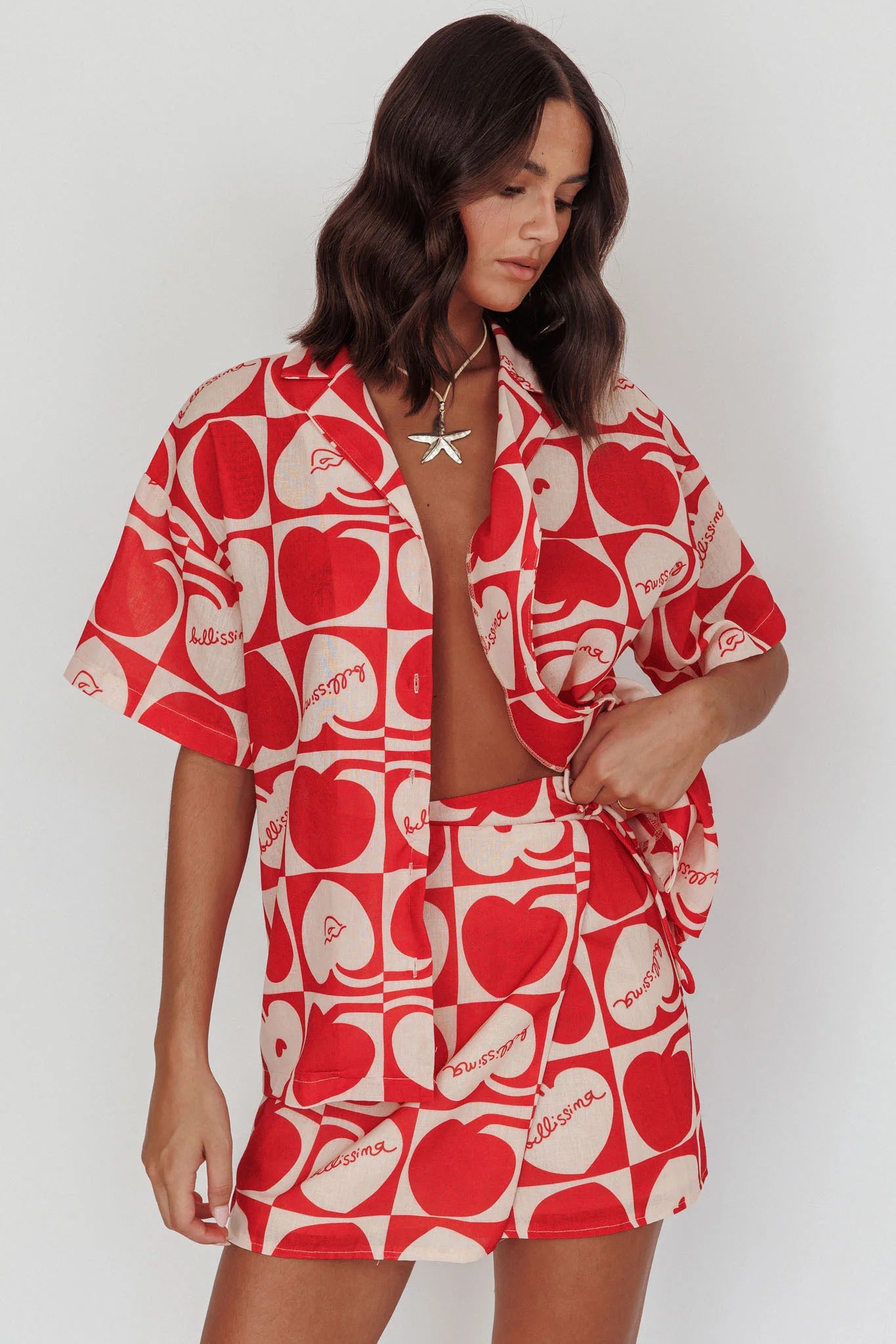 Ithaca Cherry Print Short Sleeve Shirt Red Beige