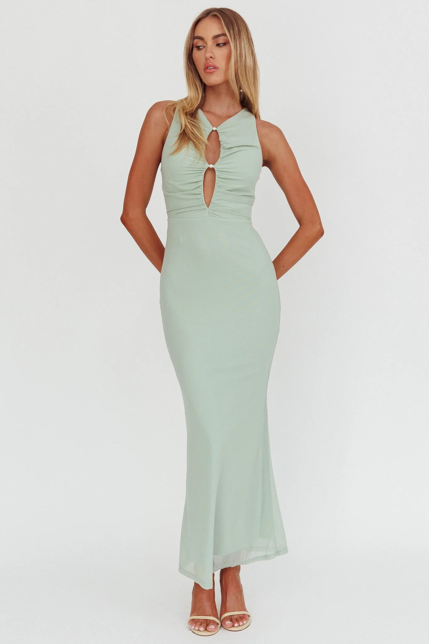 Piece Of Heaven Sleeveless Keyhole Mesh Maxi Dress Sage