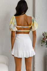 Just A Glimpse Puff Sleeve Open Back Bodysuit Tie-Dye Yellow/Pink