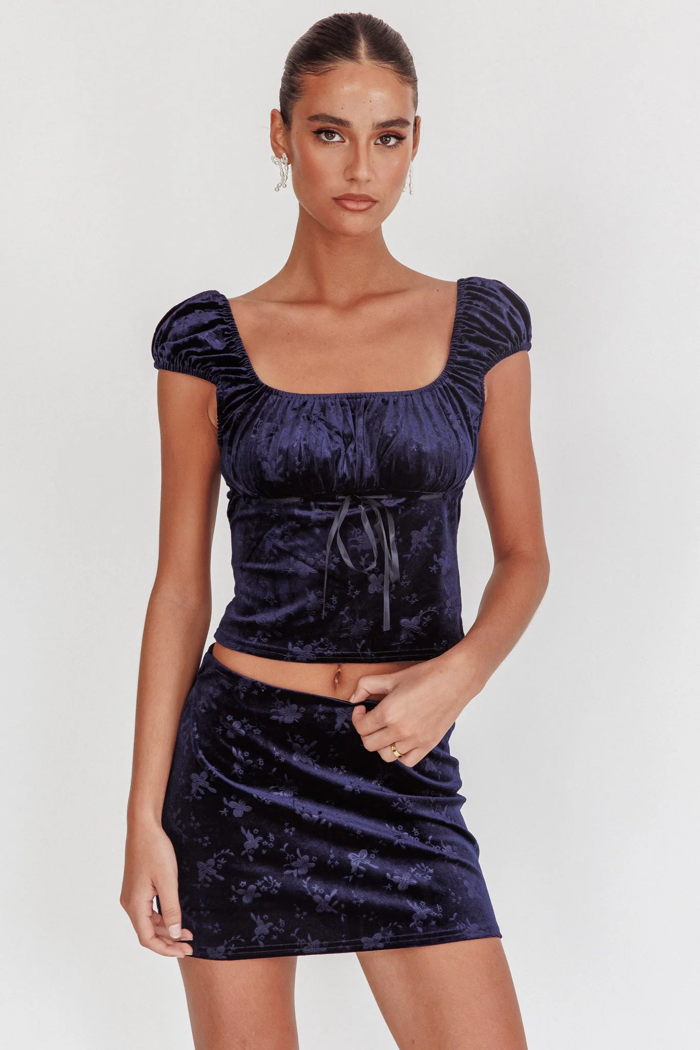 Good Luck Ribbon Trim Velvet Top Navy