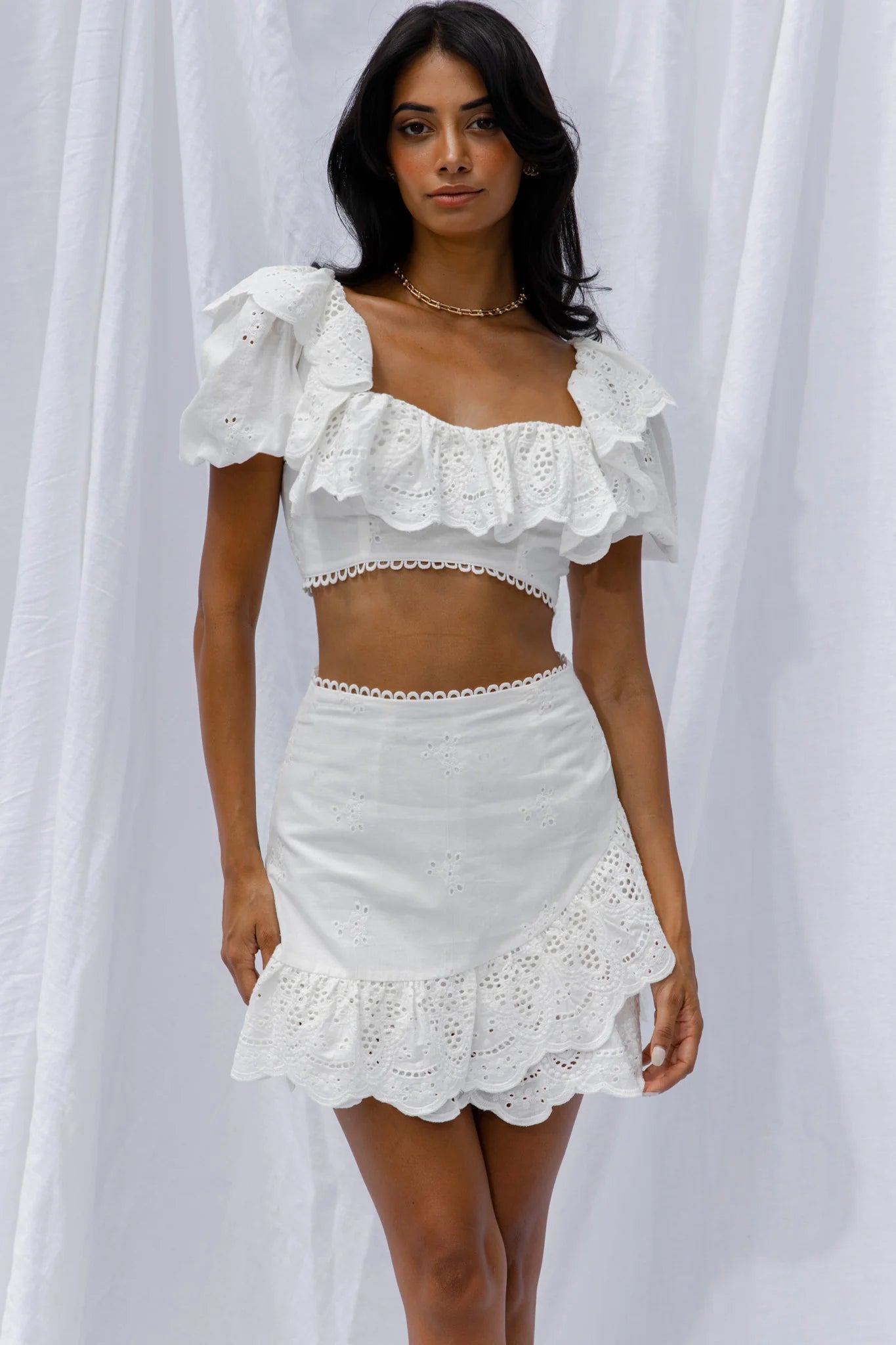 New Moon Ruffle Trim Puff Sleeve Eyelet Crop Top White