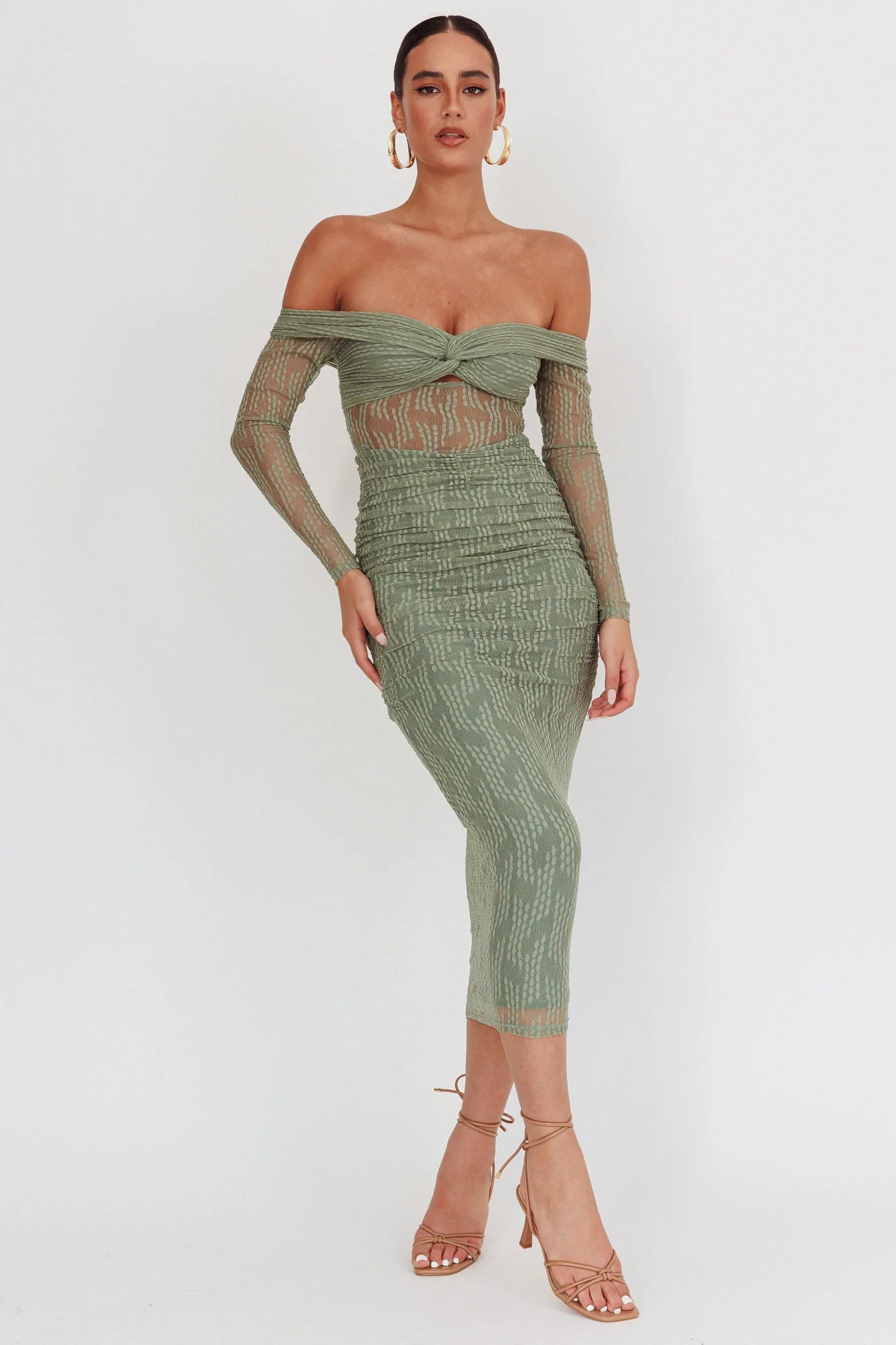 Oliana Off-Shoulder Mesh Maxi Dress Fern