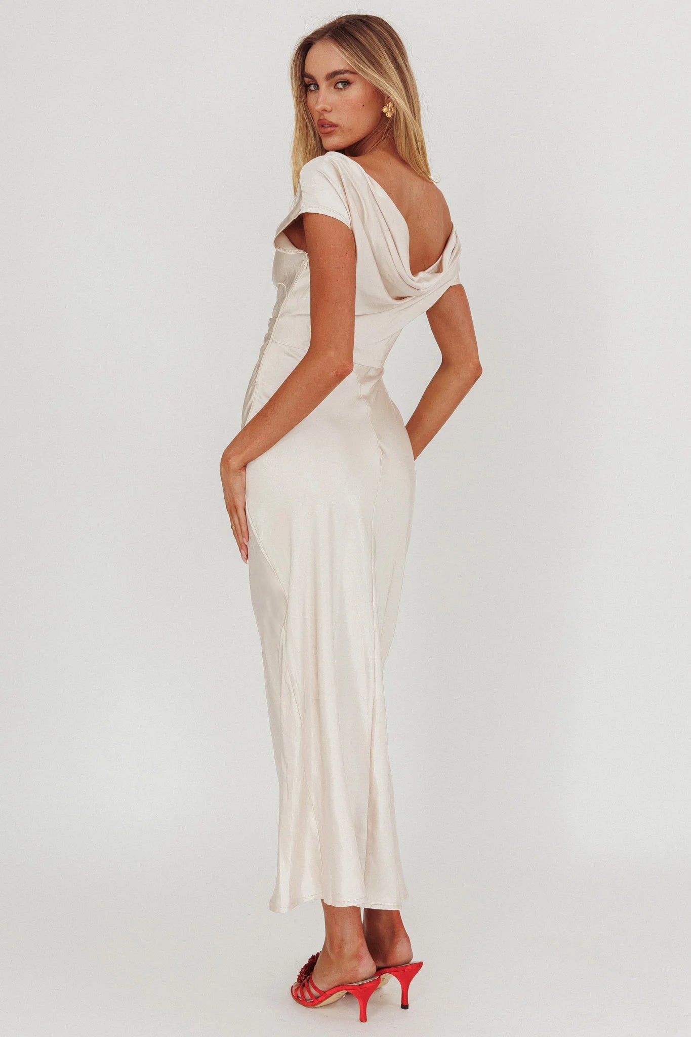 Loveland Cap Sleeve Cowl Back Midi Dress Champagne