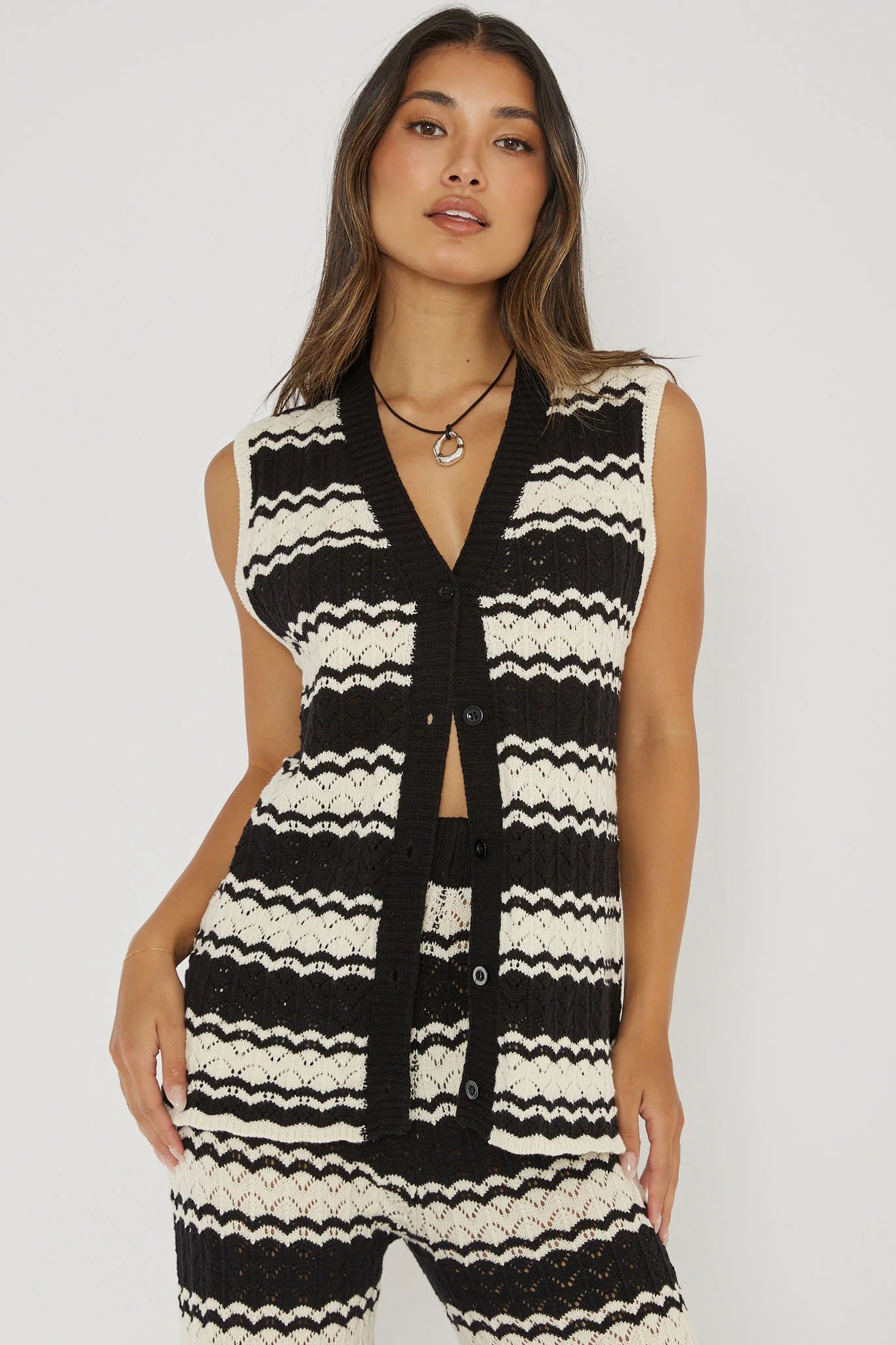 Maysah Button-Up Crochet Top Black/White