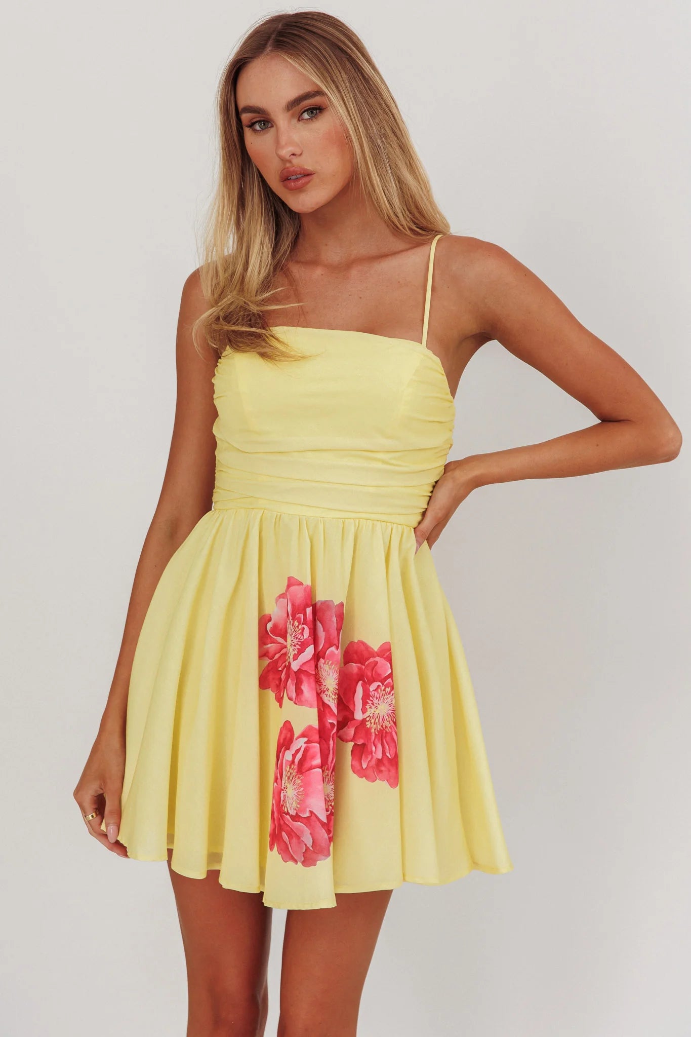 Festivity Flared Bow Floral Mini Dress Yellow