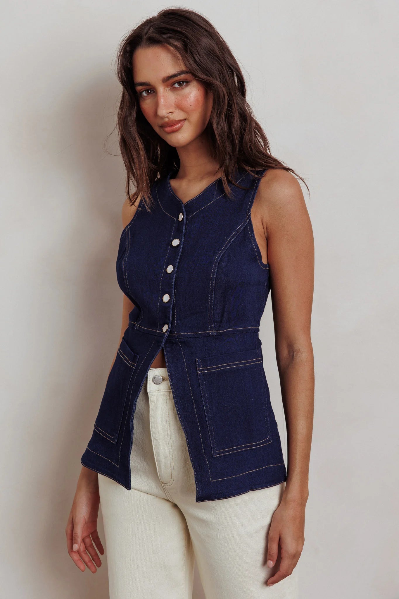 Philomena Button Front Pocket Vest Top Denim