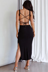 Dream Crush Lace-Up Back Side Split Midi Dress Black