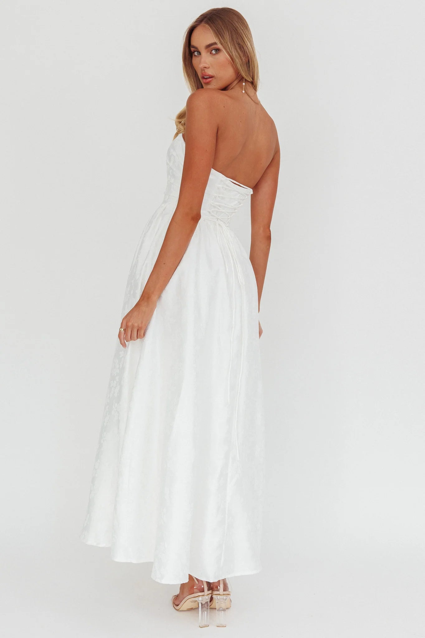 Anushka Strapless Empire Maxi Dress Jacquard White