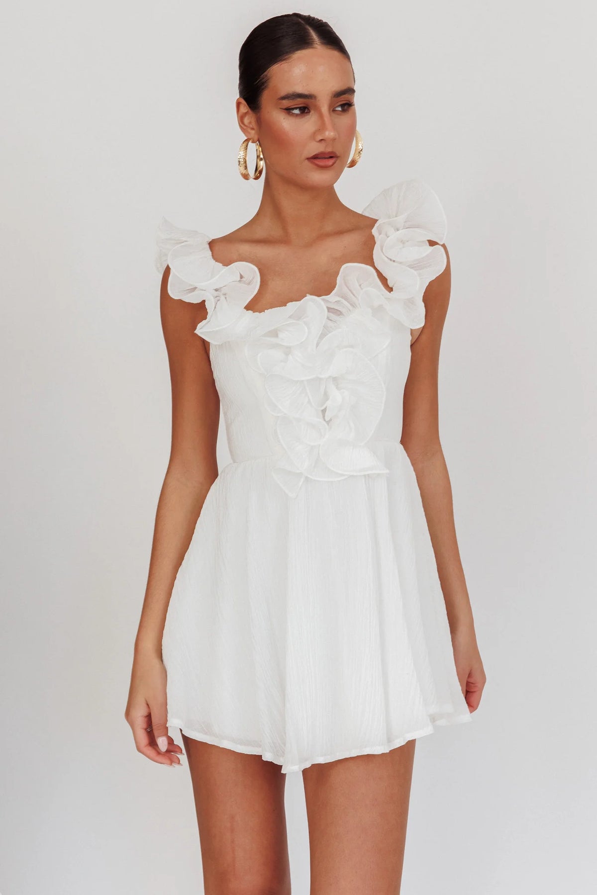 Nivaya Ruffle Neckline Mini Dress White