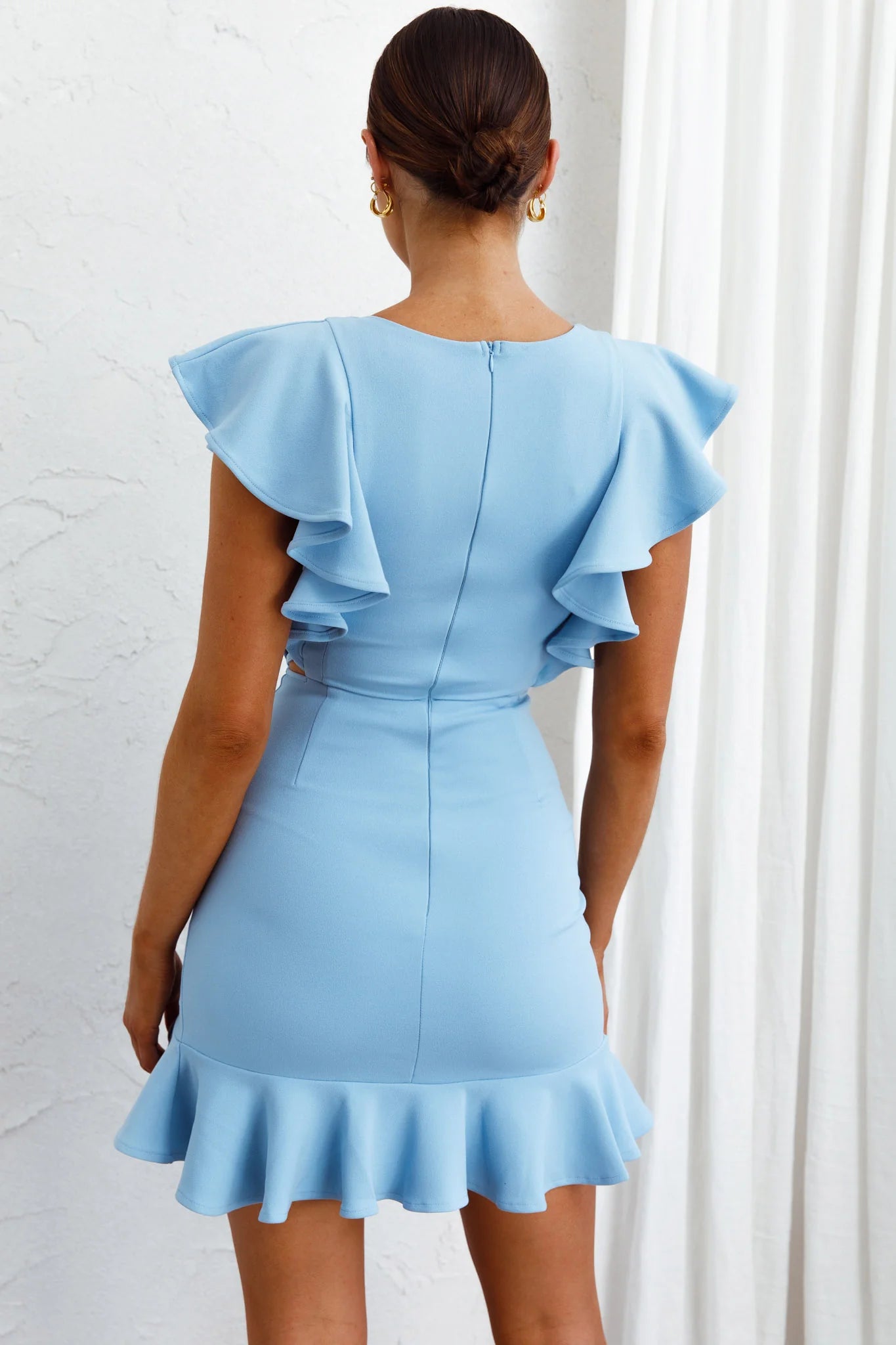 Cupid's Bow Ruffle Shoulder Bodycon Dress Baby Blue
