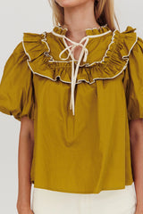 Remarkable Puff Sleeve Tied Neck Top Olive