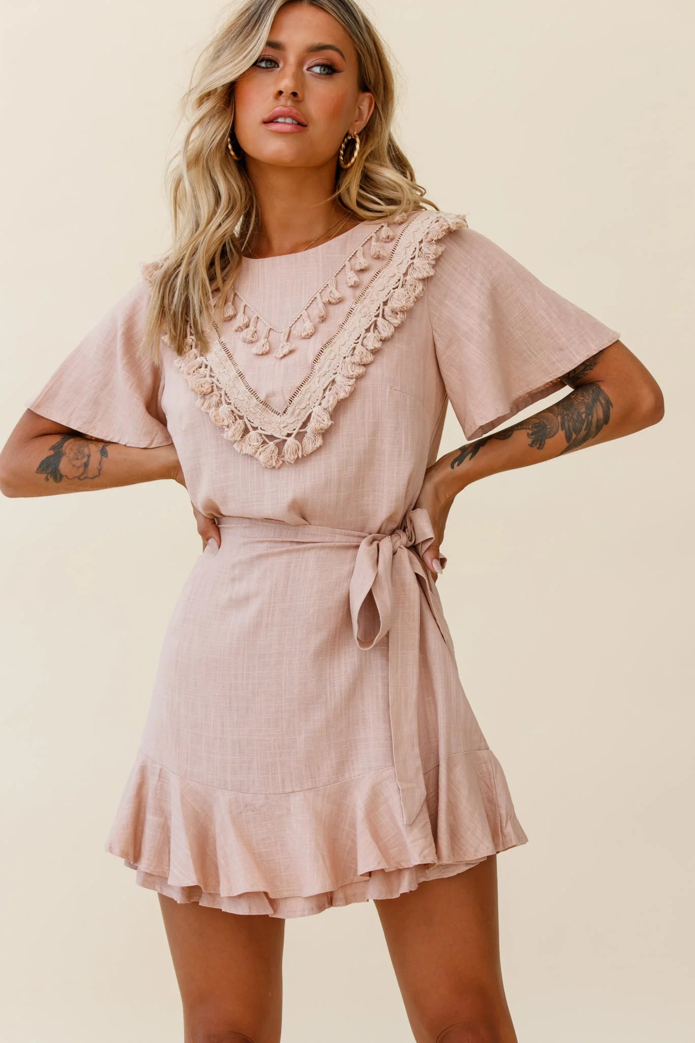 Angelique Tassel Bust Wrap Bottom Dress Mocha