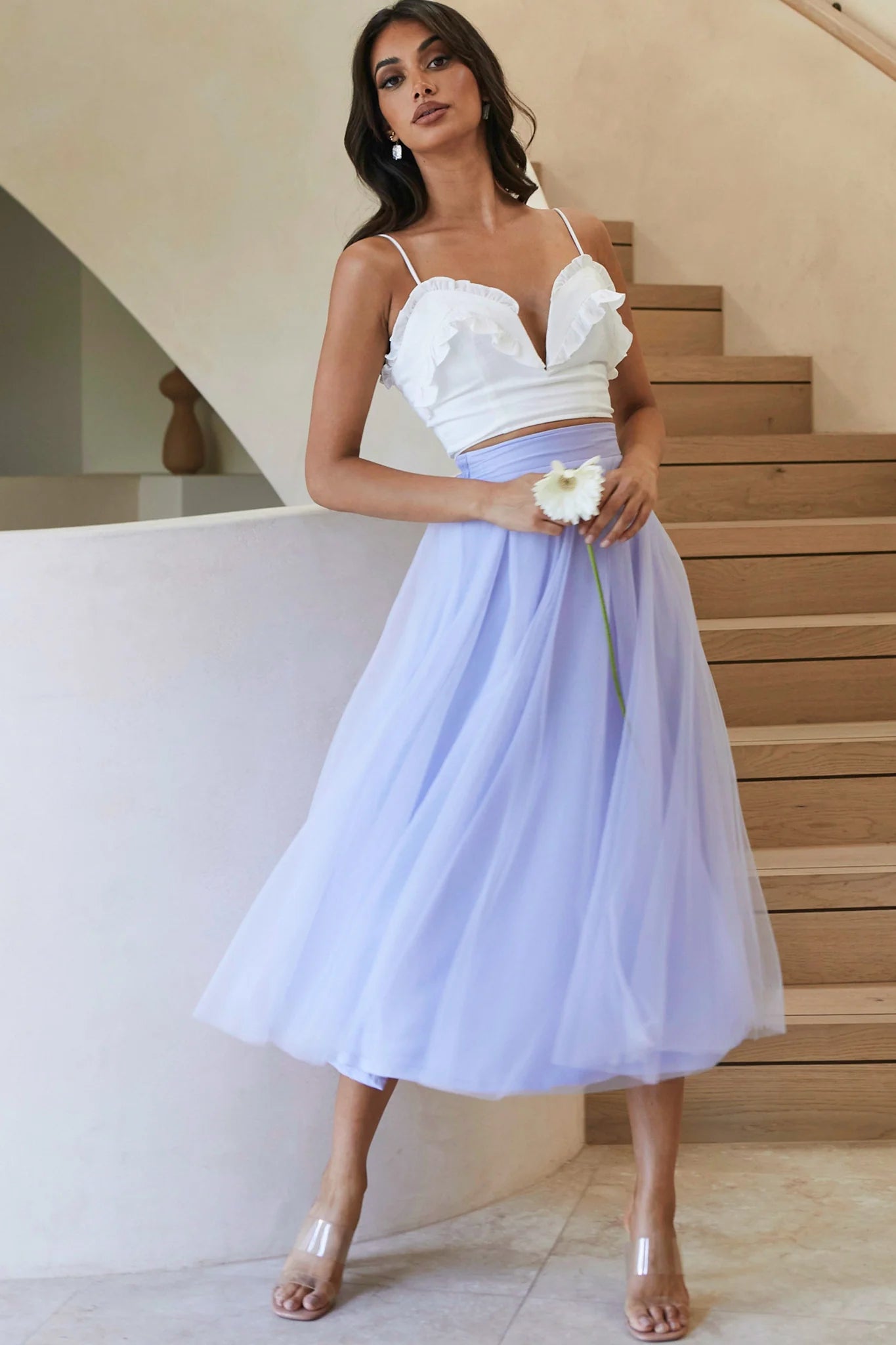 La Seine V-Neckline Frill Trim Crop Top White