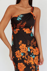 Fly Love Satin One Shoulder Maxi Dress Floral Black