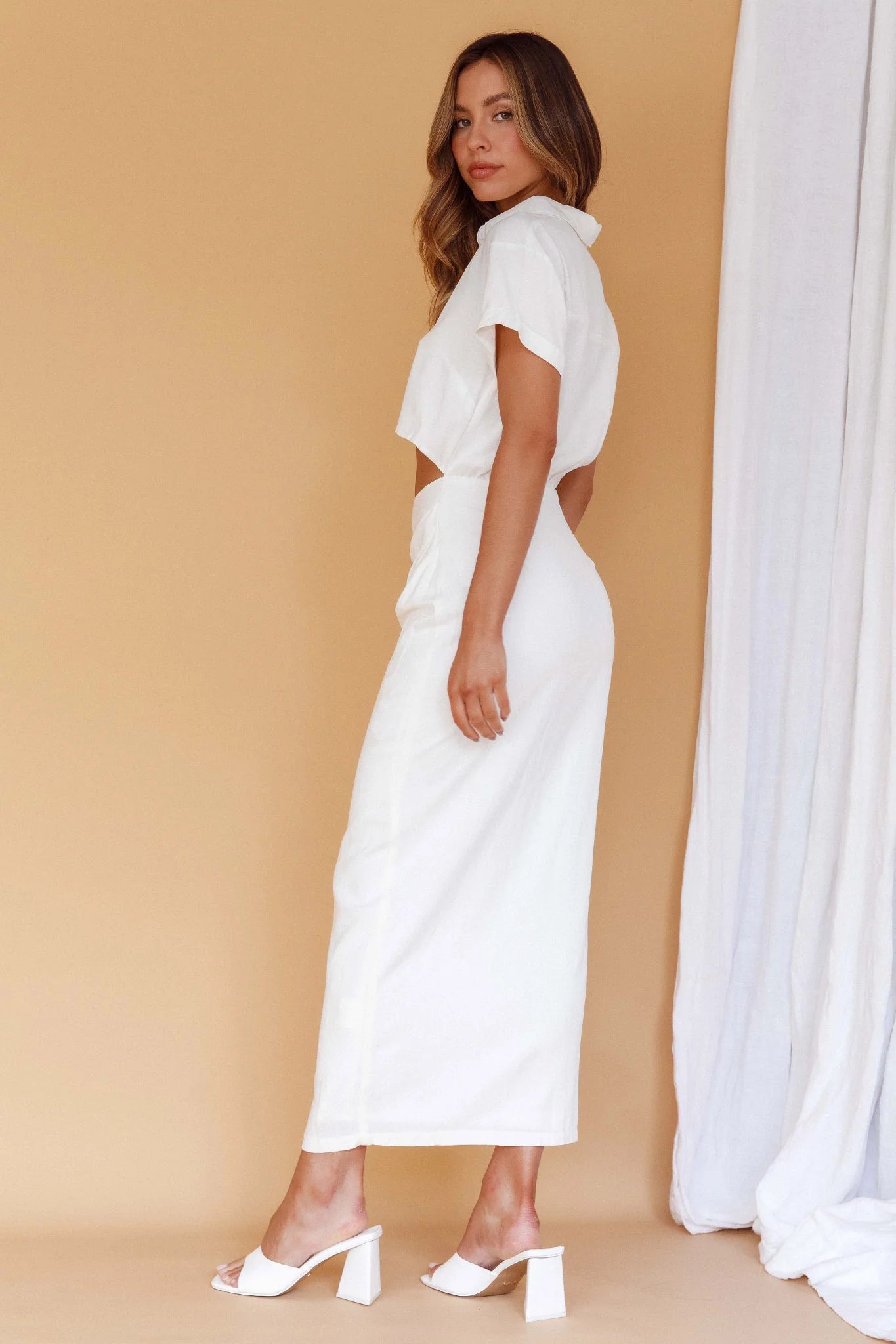 Cool It Cut-Out Waist Button Midi Dress Bone