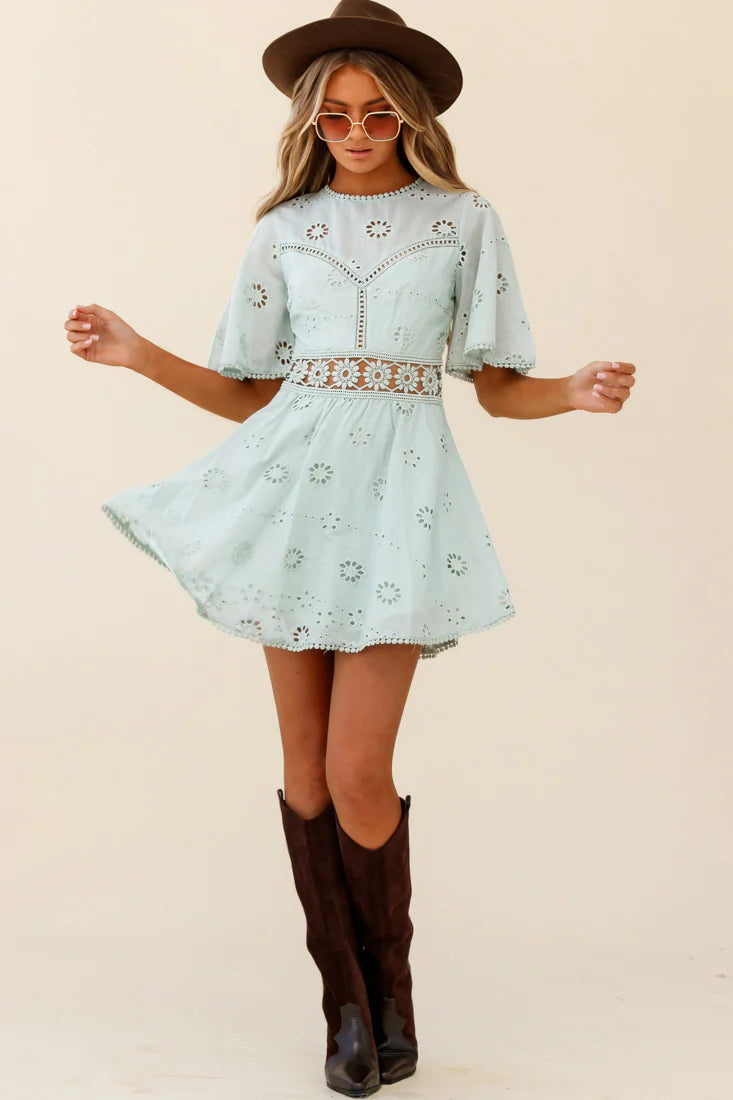 Anais Fluted Sleeve Exposed Back Broderie Anglaise Dress Sage