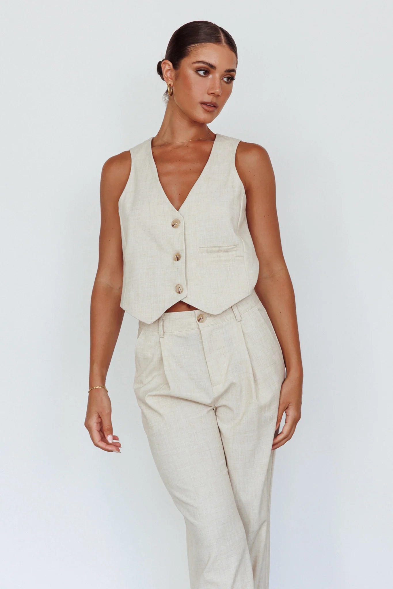 Times Square Buttoned Waistcoat Top Natural