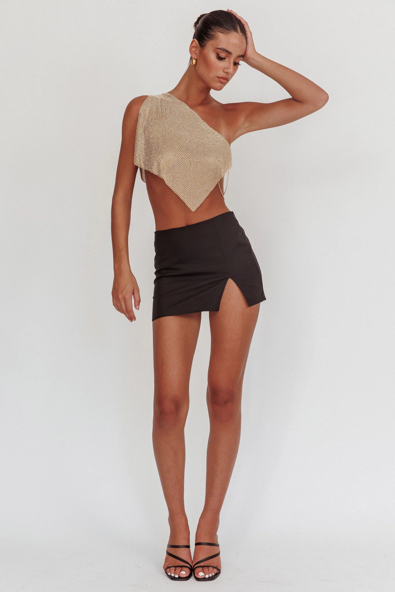 Sun Dial One Shoulder Diamante Top Gold