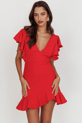 Cupid's Bow V-Neckline Ruffle Shoulder Bodycon Dress Red