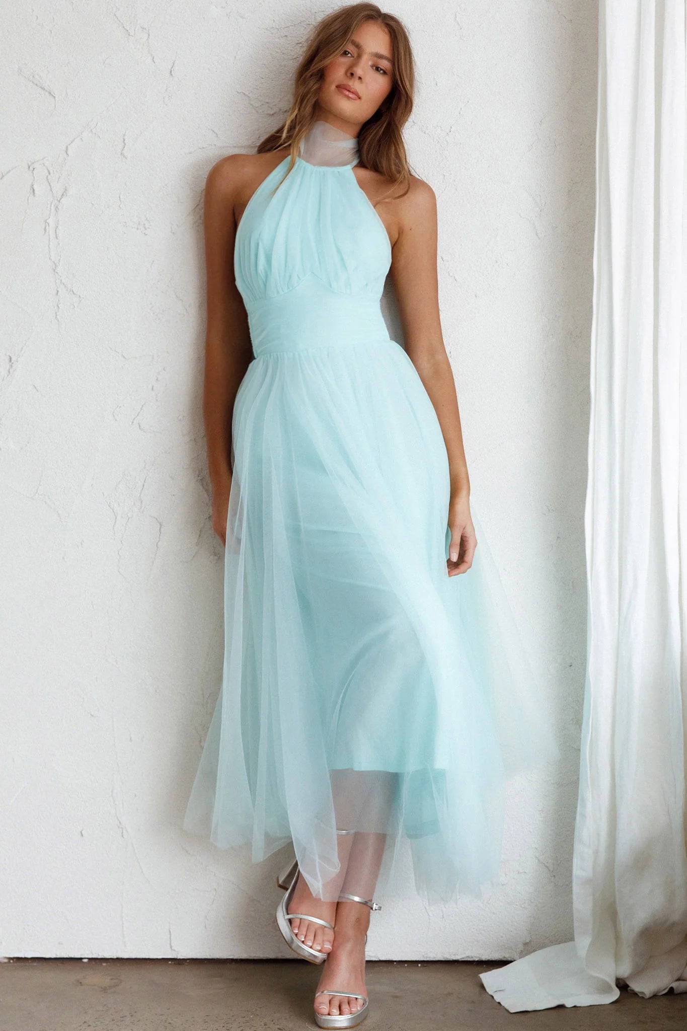 Andria Halterneck Tulle Midi Dress Mint