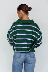 Boston Collared Knit Sweater Striped Forest Green