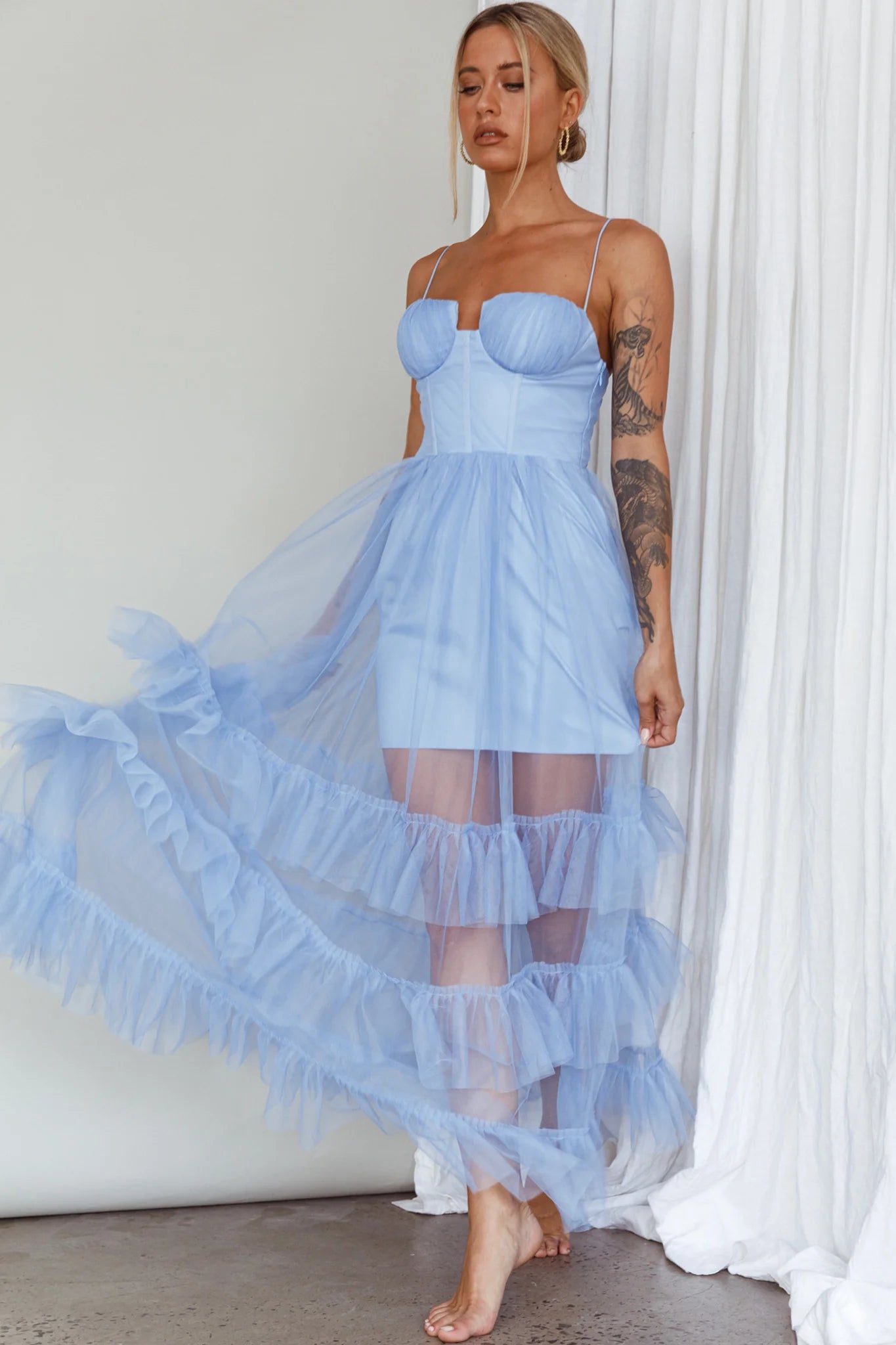 Moonlight Sonata Ruffle Mesh Maxi Dress Sky Blue