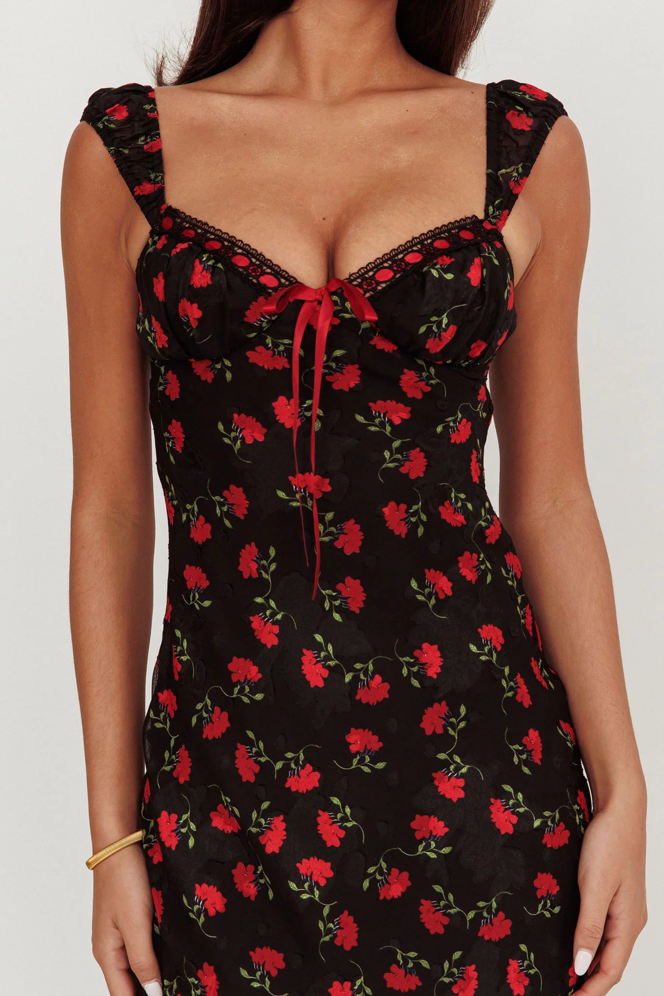 Femme Belle Ribbon Trim Maxi Dress Floral Black