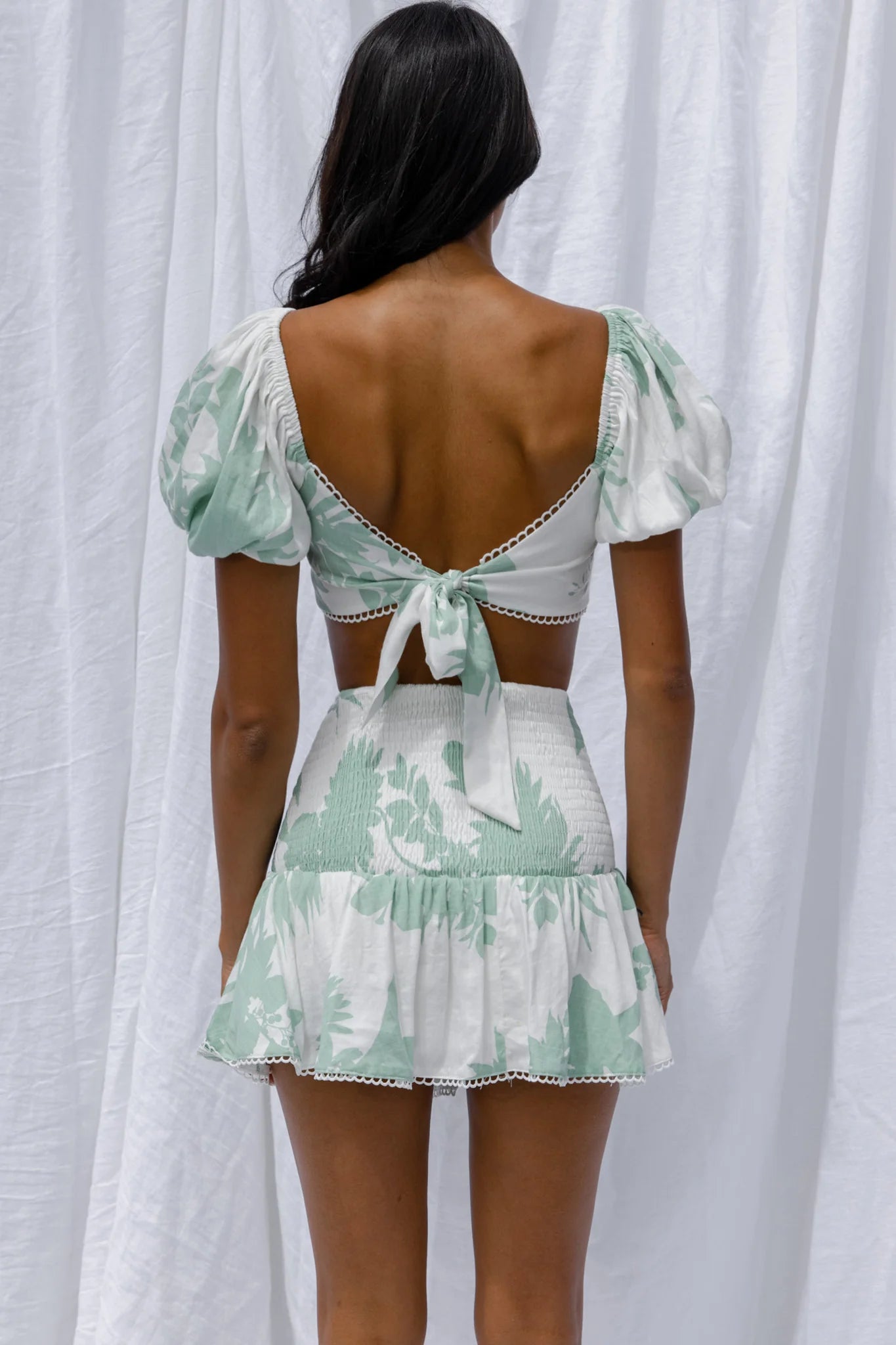 Escape With Me Tied Back Crop Top Printed Sage