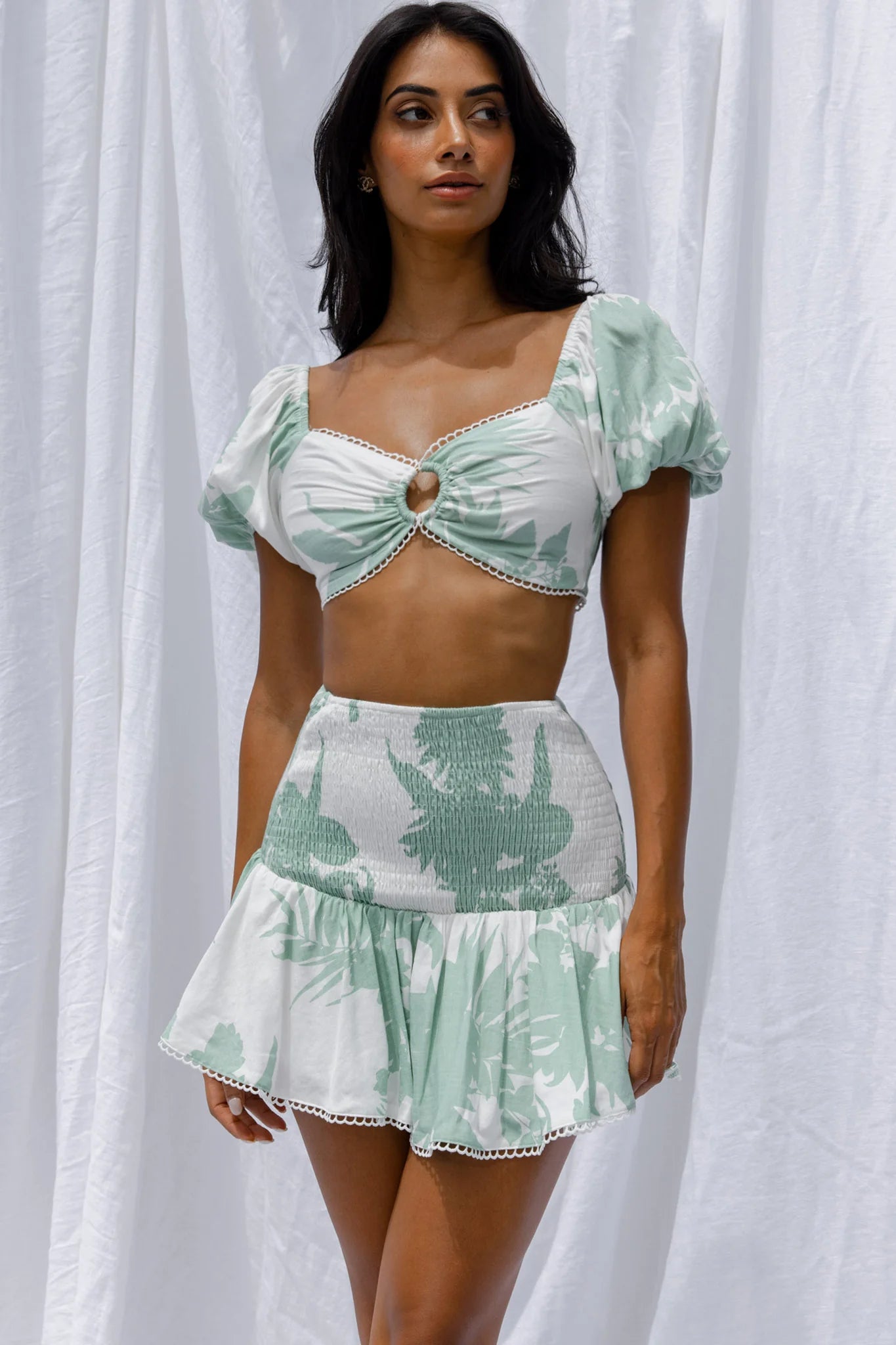 Escape With Me Tied Back Crop Top Printed Sage