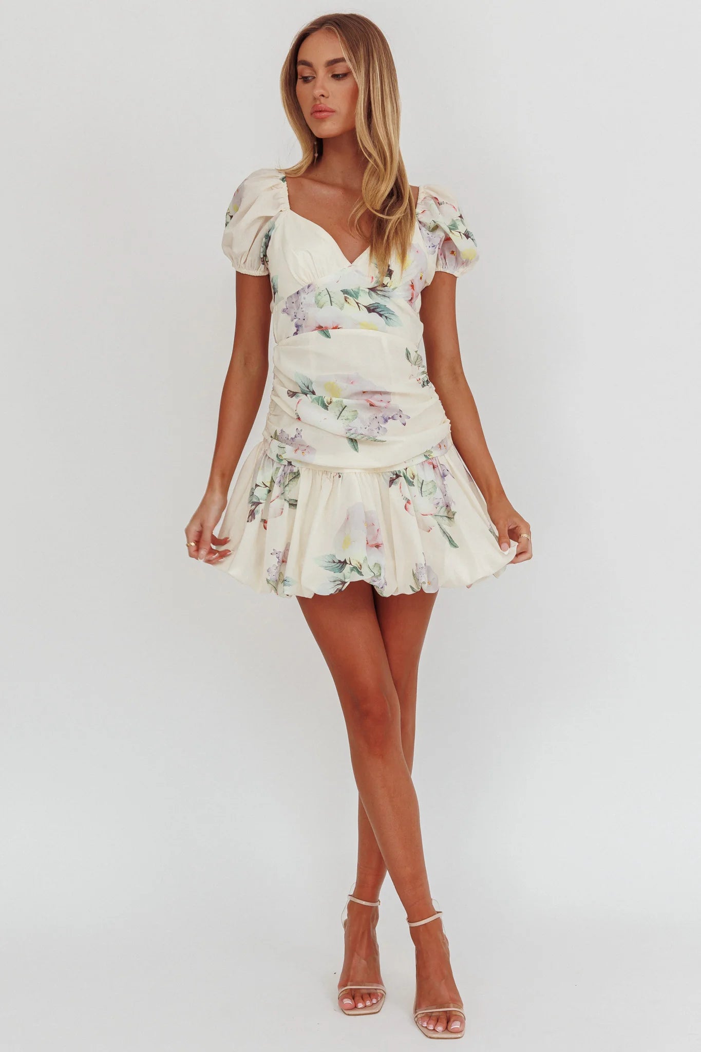 Annabella Puff Sleeve Tied Back Mini Dress Floral Butter