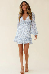 Amarantha Sheer Balloon Sleeve Frill Trim Dress Floral Print White