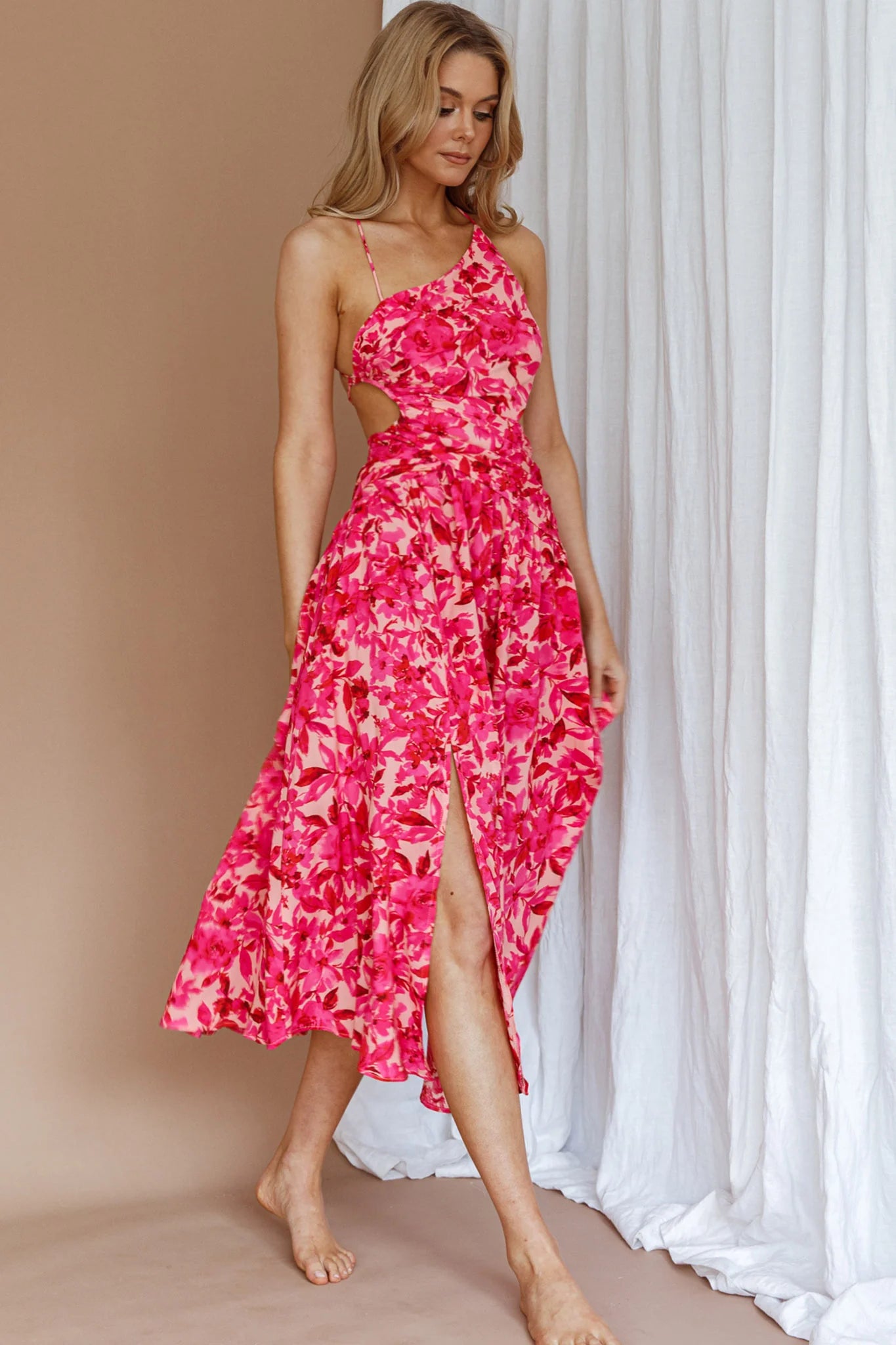 Destination Open Back Midi Dress Floral Pink