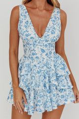 Like Me V-Neck Tied Back Romper Floral Blue