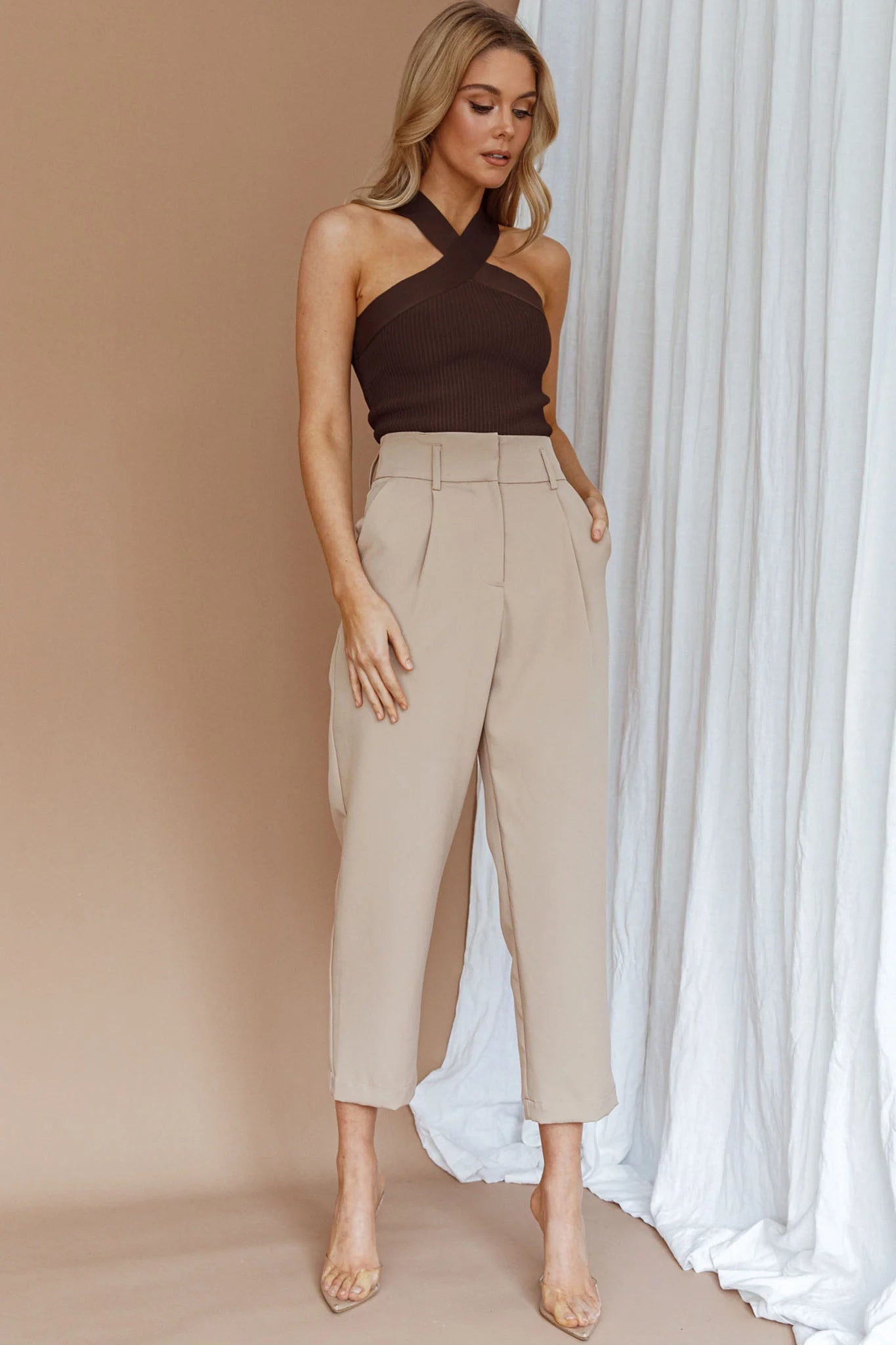 Kansas Crossover Neck Knit Top Brown