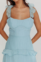 Moonlit Moment Ruffle Trim Lace-Up Back Maxi Dress Blue