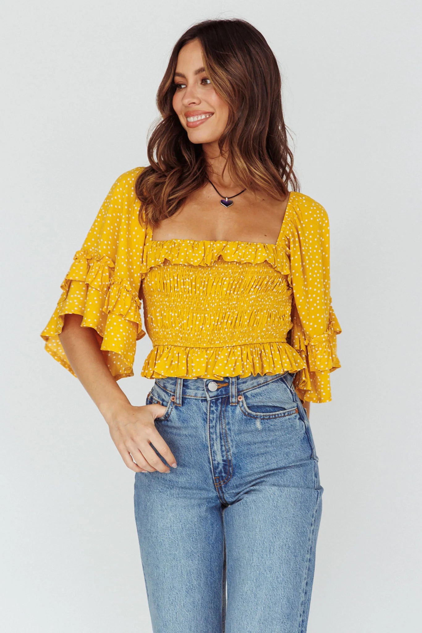 Boardwalk Bell Sleeve Crop Top Spotty Mustard