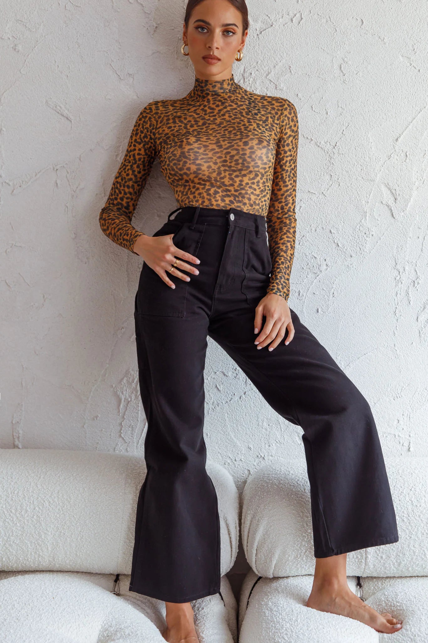 Feelin' It Long Sleeve Turtleneck Sheer Bodysuit Orange Leopard Print