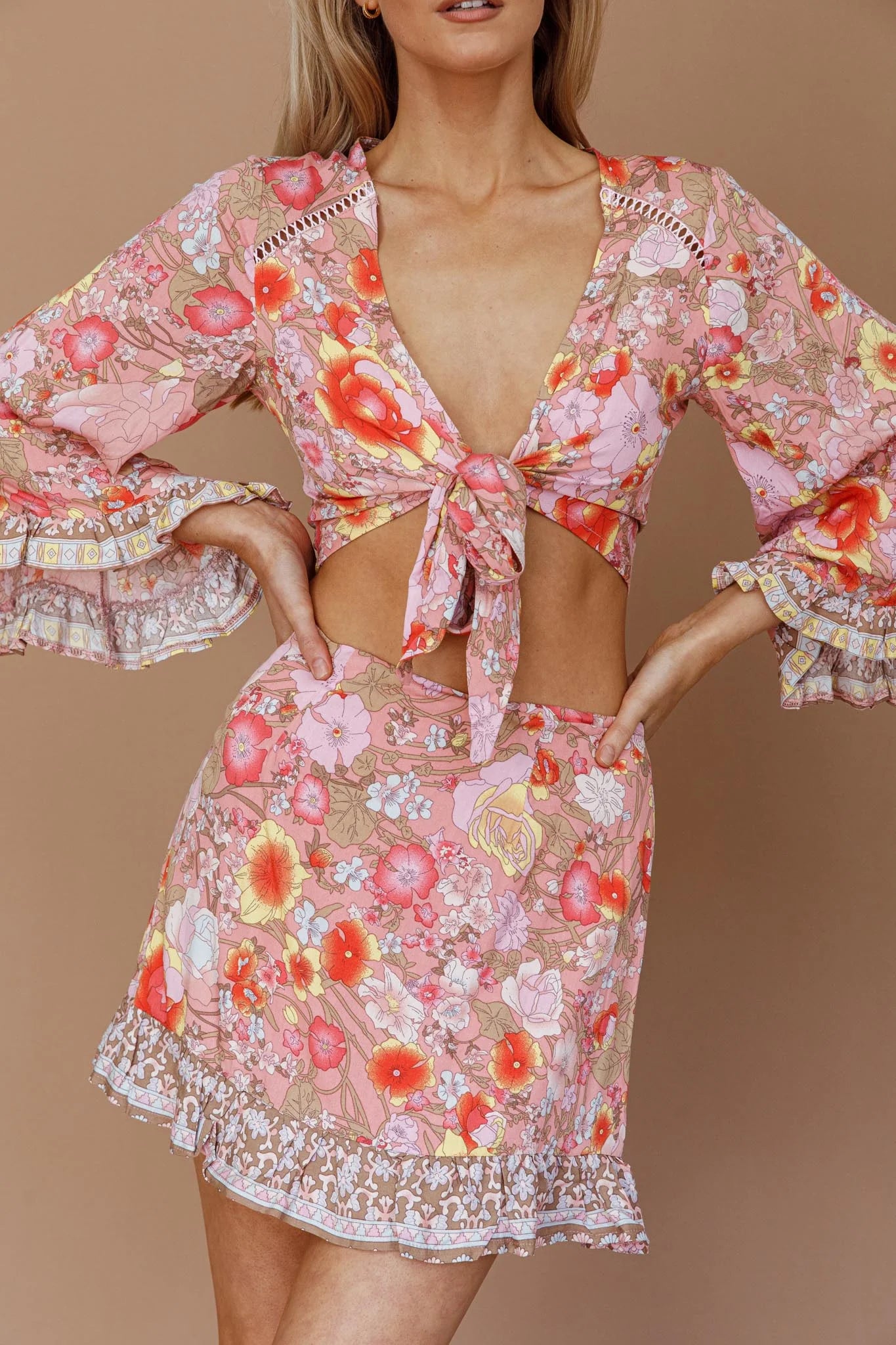 Island Girl Long Sleeve Tied Crop Top Floral Pink