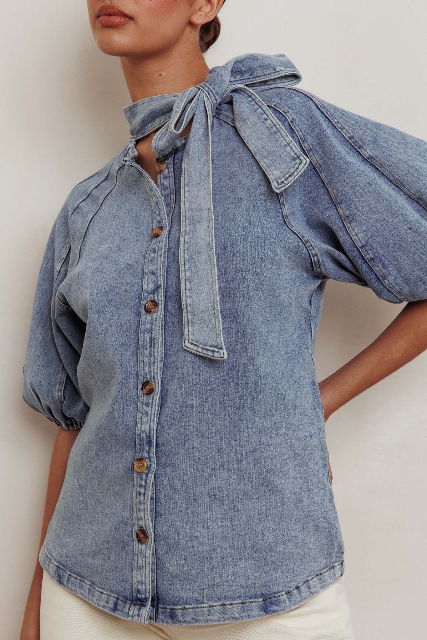 Notice Me Puff Sleeve Neck Bow Top Denim Blue