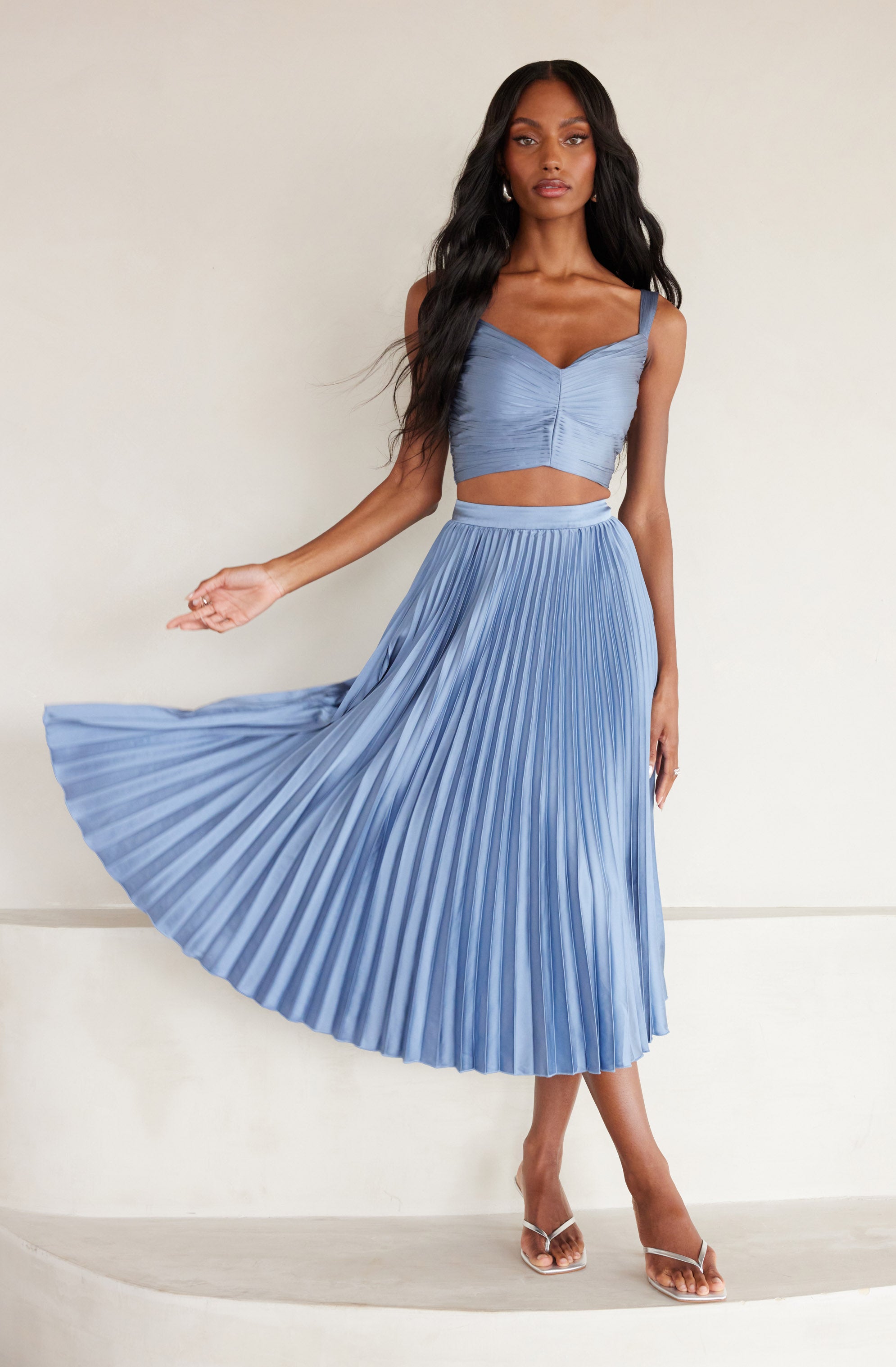 Pleated Satin Midi Skirt