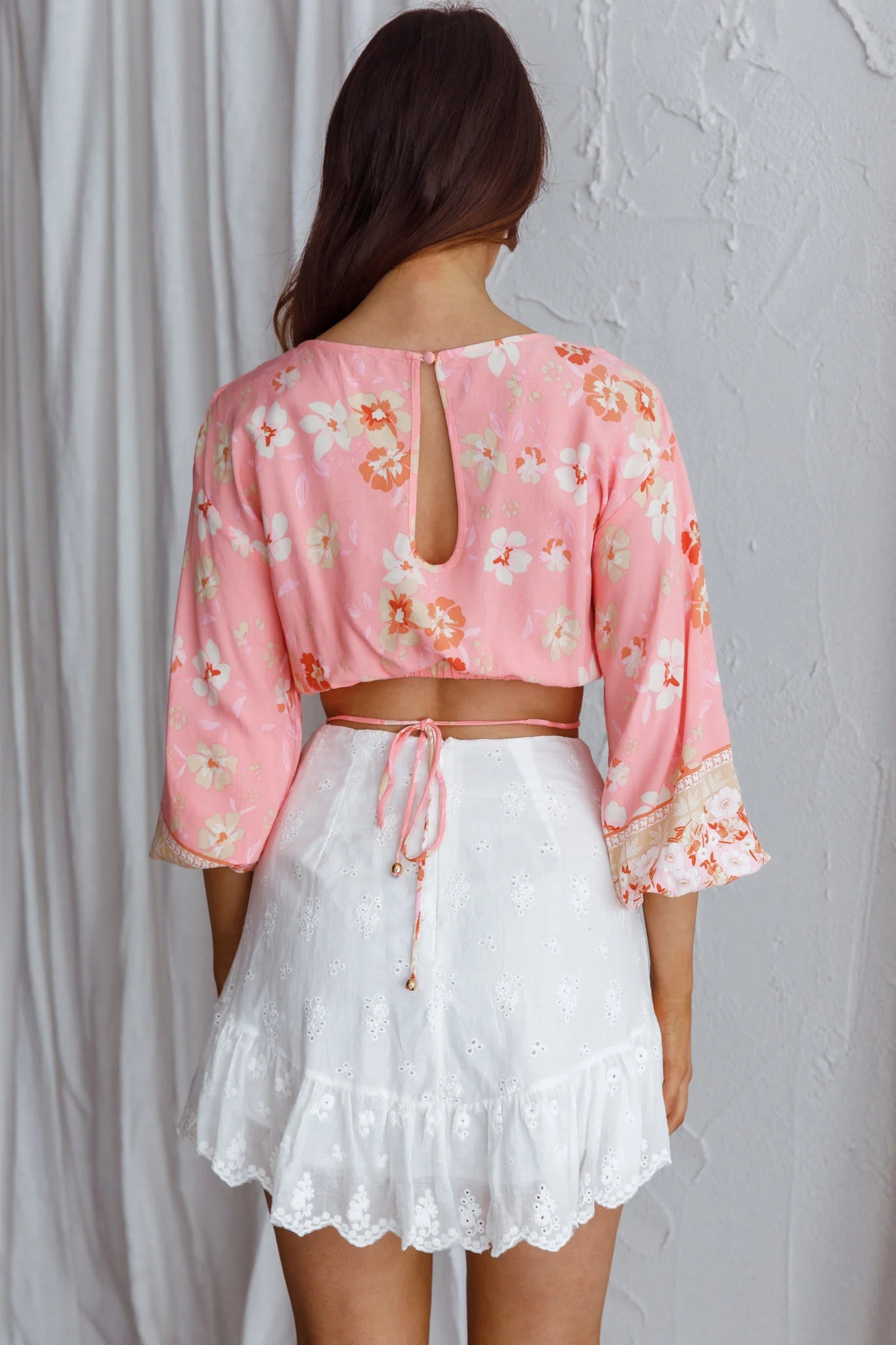 Sea View Long Sleeve Crop Top Floral Pink