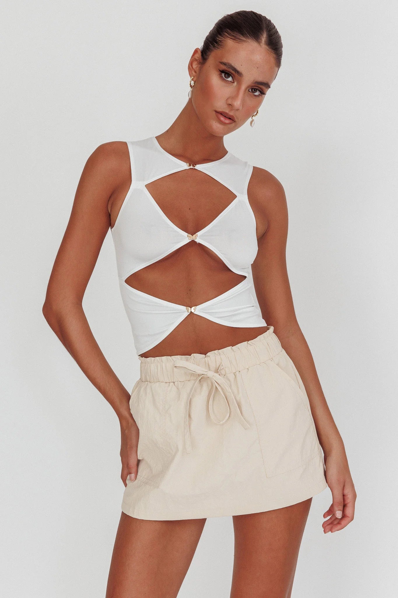 Argyle Cut-Out Sleeveless Top White