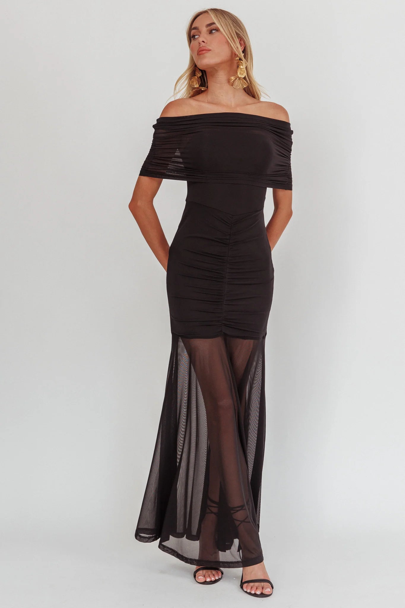 Clarita Sheer Ruched Maxi Dress Black