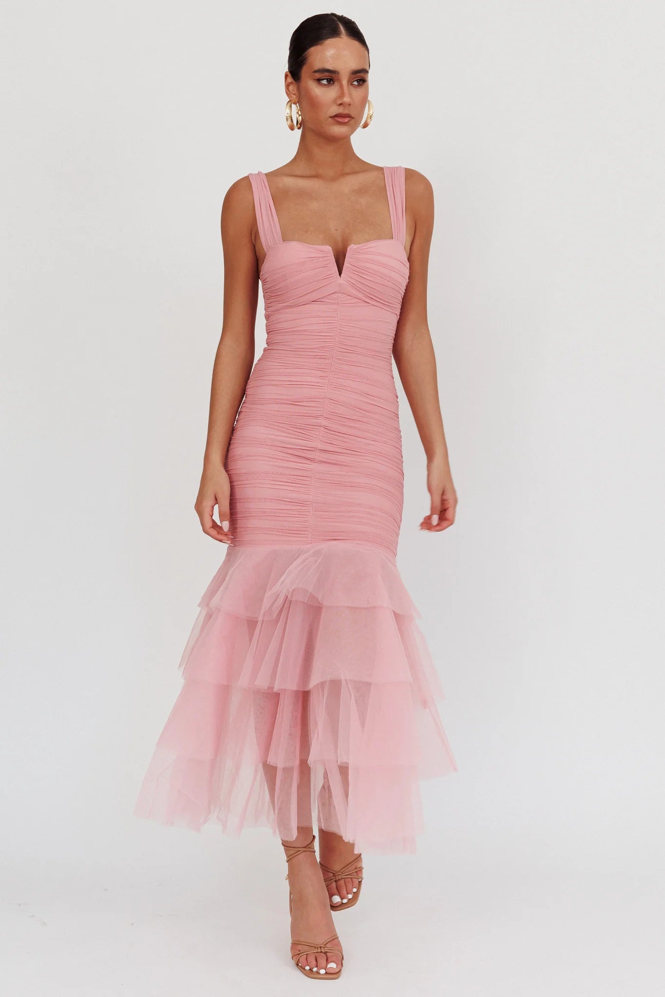 Nadia Tulle Hem Ruched Maxi Dress Pink