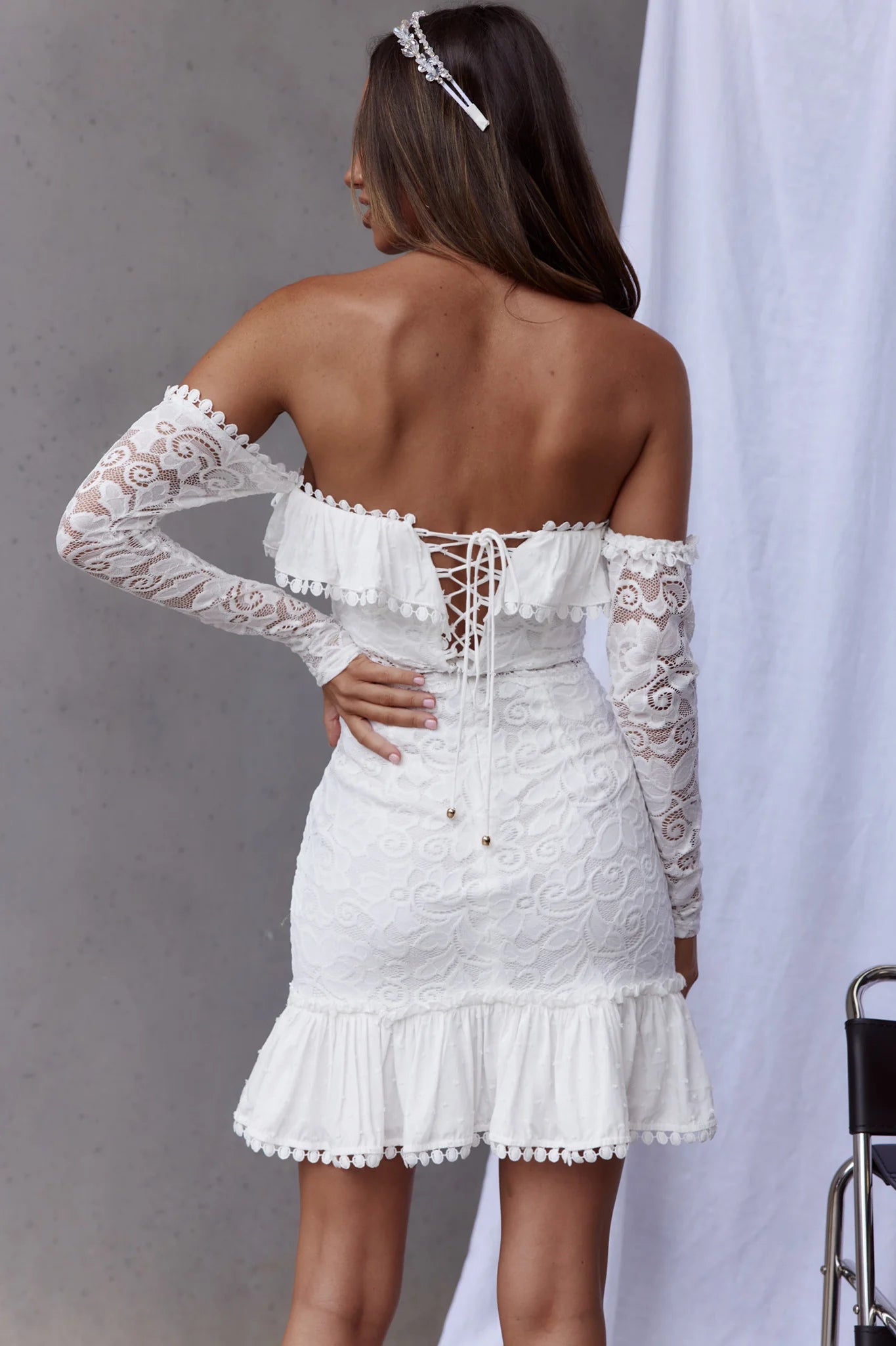 Mae Long Sleeve Sweetheart Crochet Lace Dress White