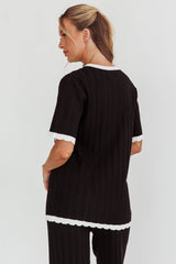 Liloh Contrast Trim Ribbed Knit Top Black