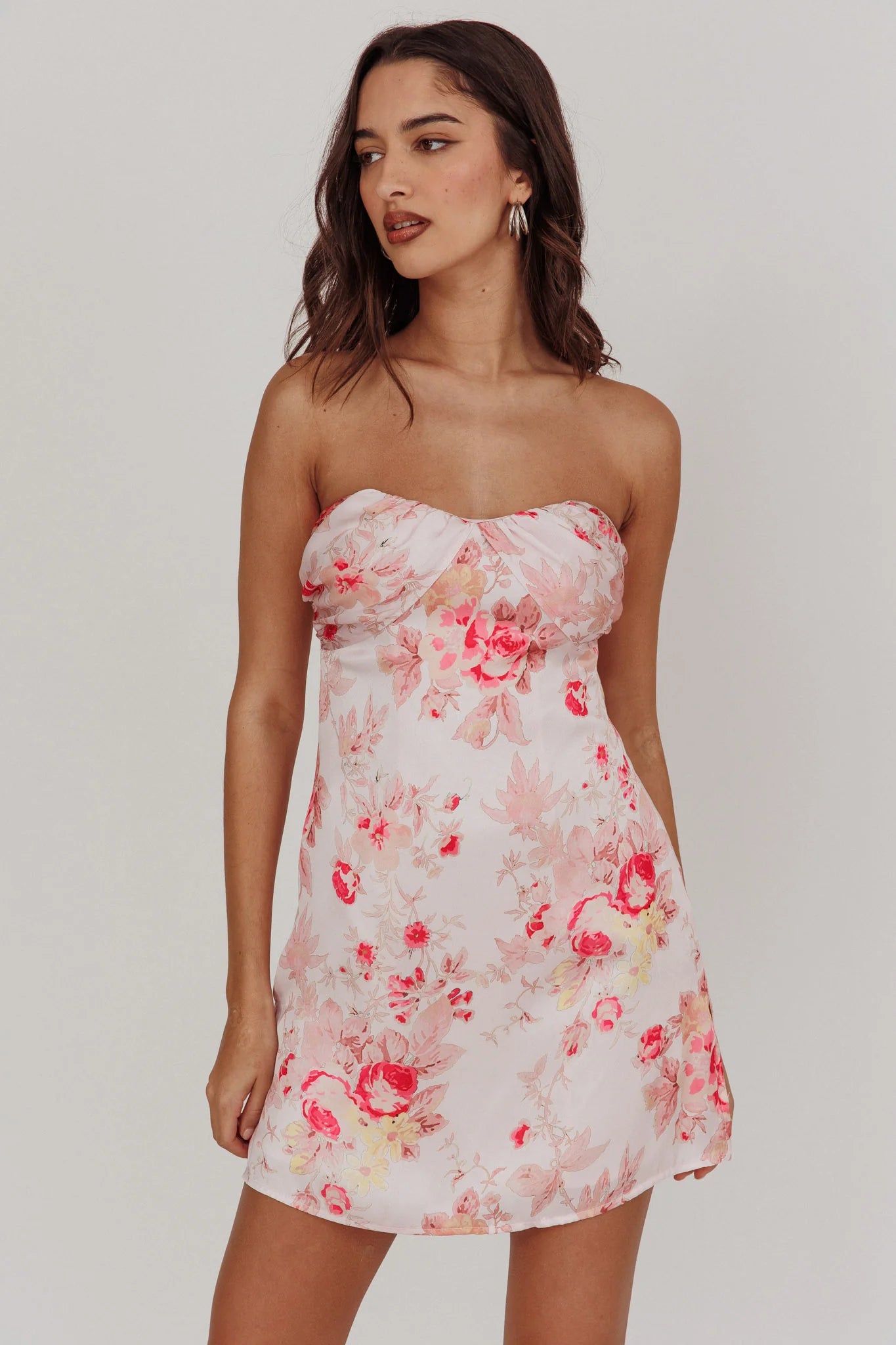 Sian Strapless Sweetheart Mini Dress Floral Pink