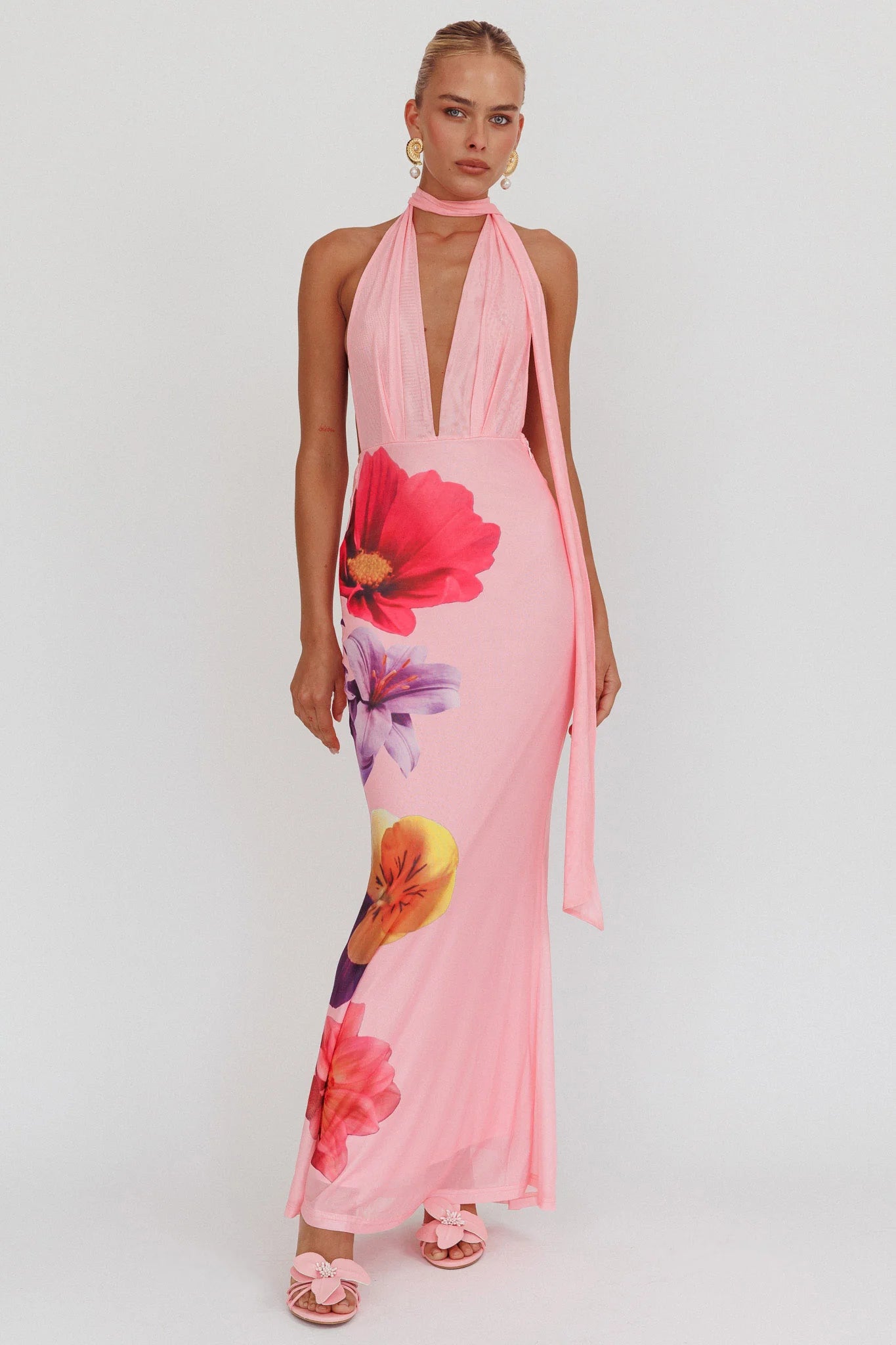 Italia Azure Halterneck Maxi Dress Flowers Pink