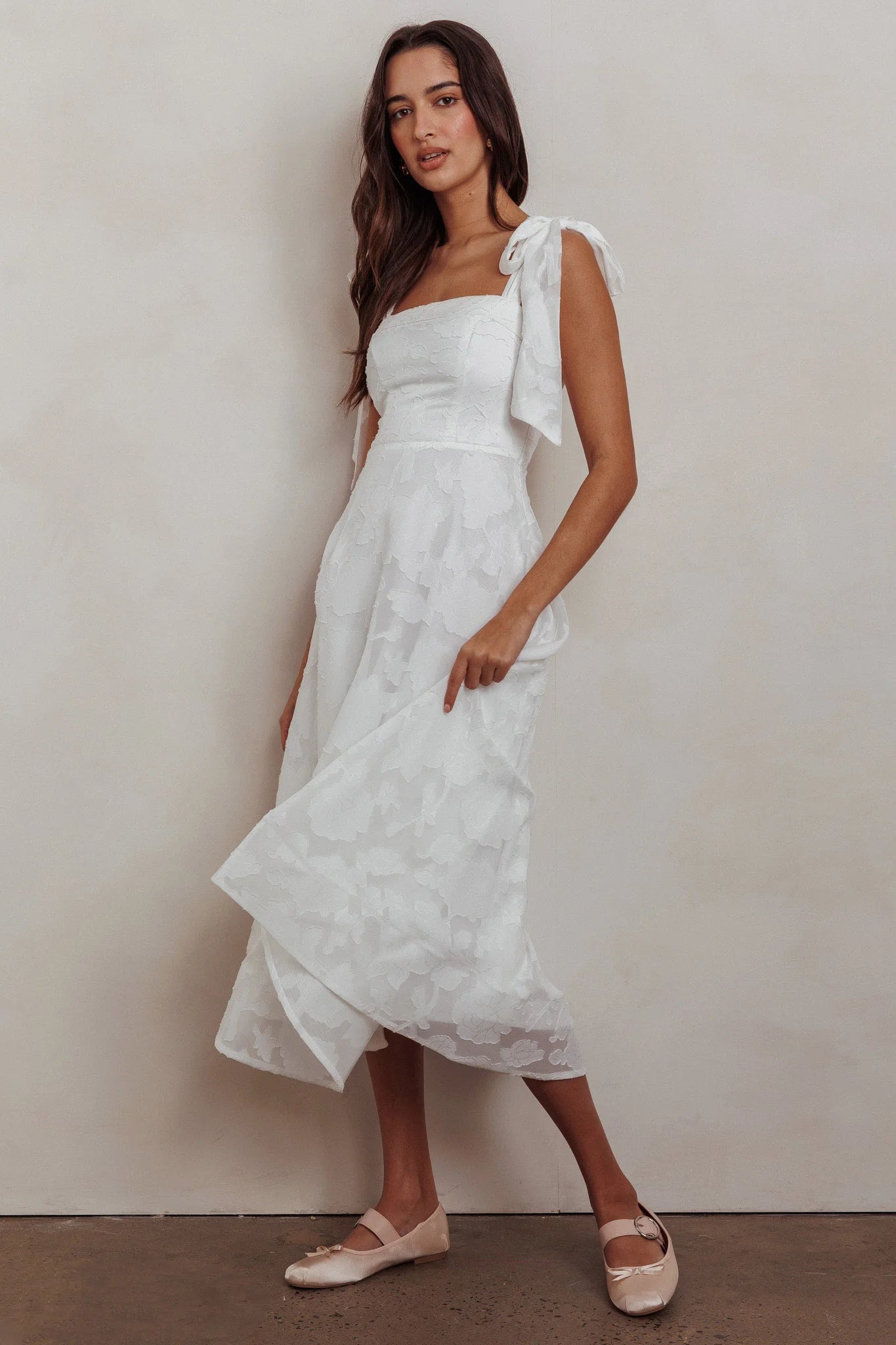 Jeanie Bow Shoulder Midi Dress Embossed White