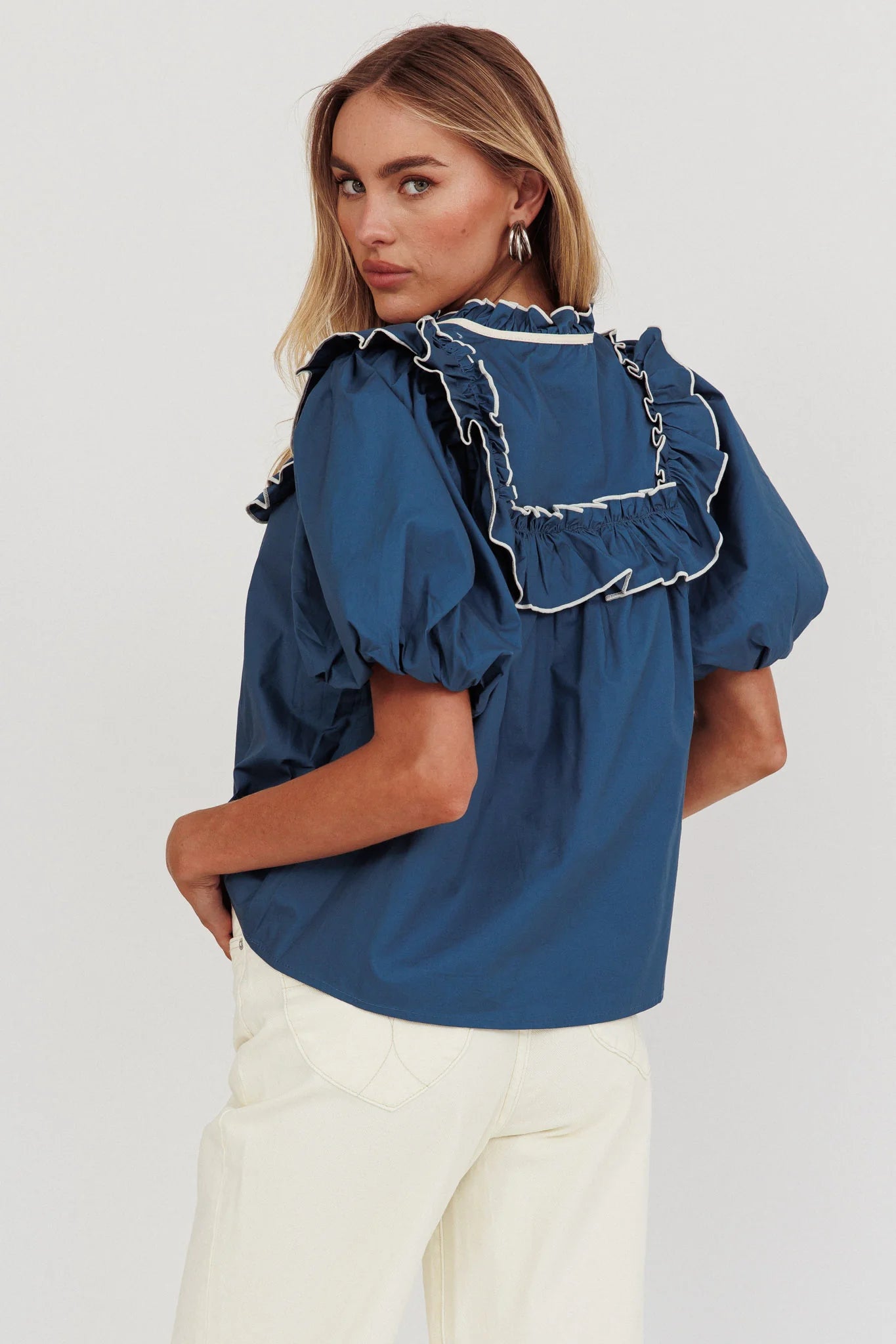 Remarkable Puff Sleeve Tied Neck Top Teal